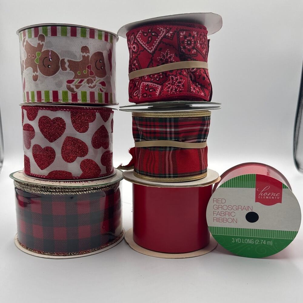 Ribbon Lot: Red & Red Prints Bandana Plaid Hearts Checks Christmas Patterns